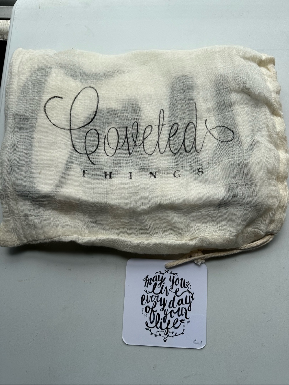 Coveted Things Drawstring Dust Bag - Ivory with Black Script